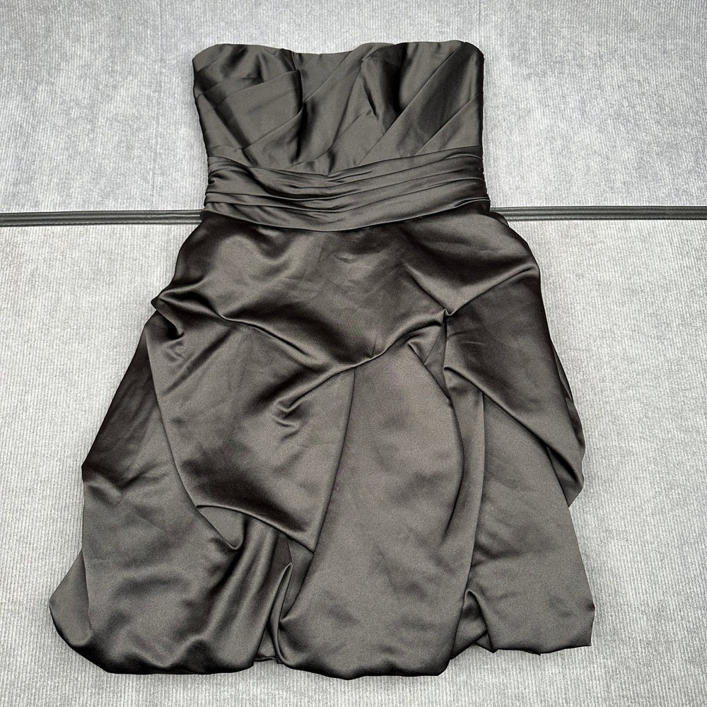 David's Bridal Black Satin Strapless Ruched Bubble Hem Cocktail Dress Y2k